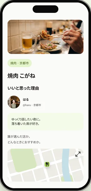 店を選んだ人と、いいと思った理由が読める画面見本